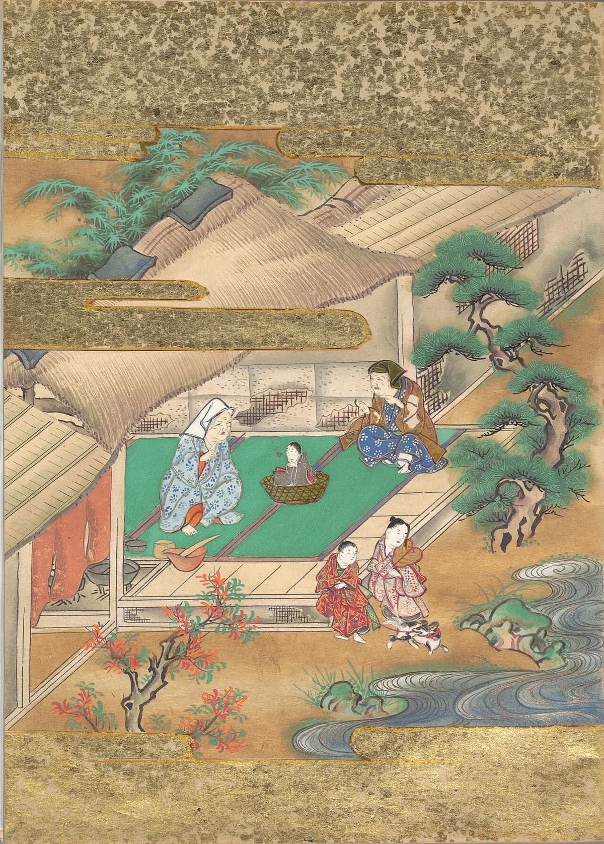 Historische illustratie van de ontdekking van prinses Kaguya in een stralende bamboestengel